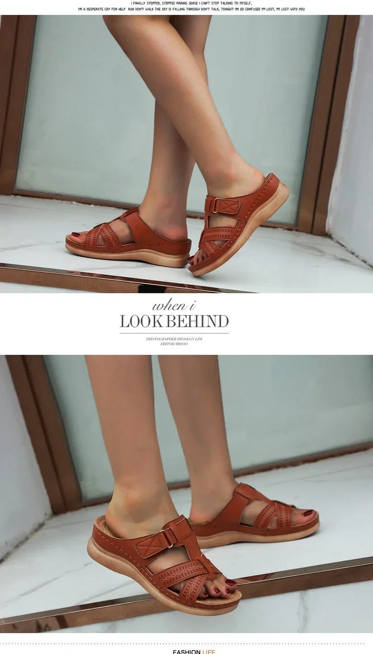 2024 Summer Women Wedge Sandals Premium Orthopedic Open Toe Sandals Vintage Anti-slip Leather Casual Female Platform Retro Shoes