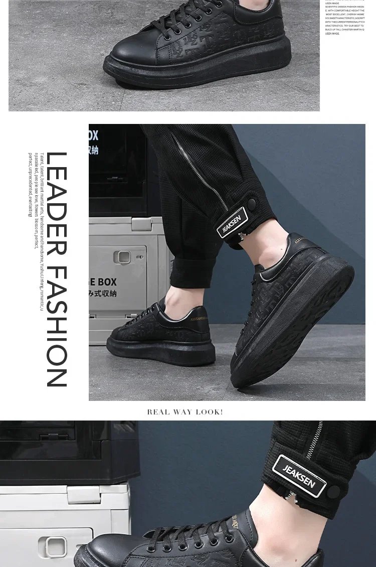 Men Small Black Shoes 2023 New Lace-up Thick Sole Casual Sneakers Versatile Leather Muffin Shoes Elevated Male Board Footwear