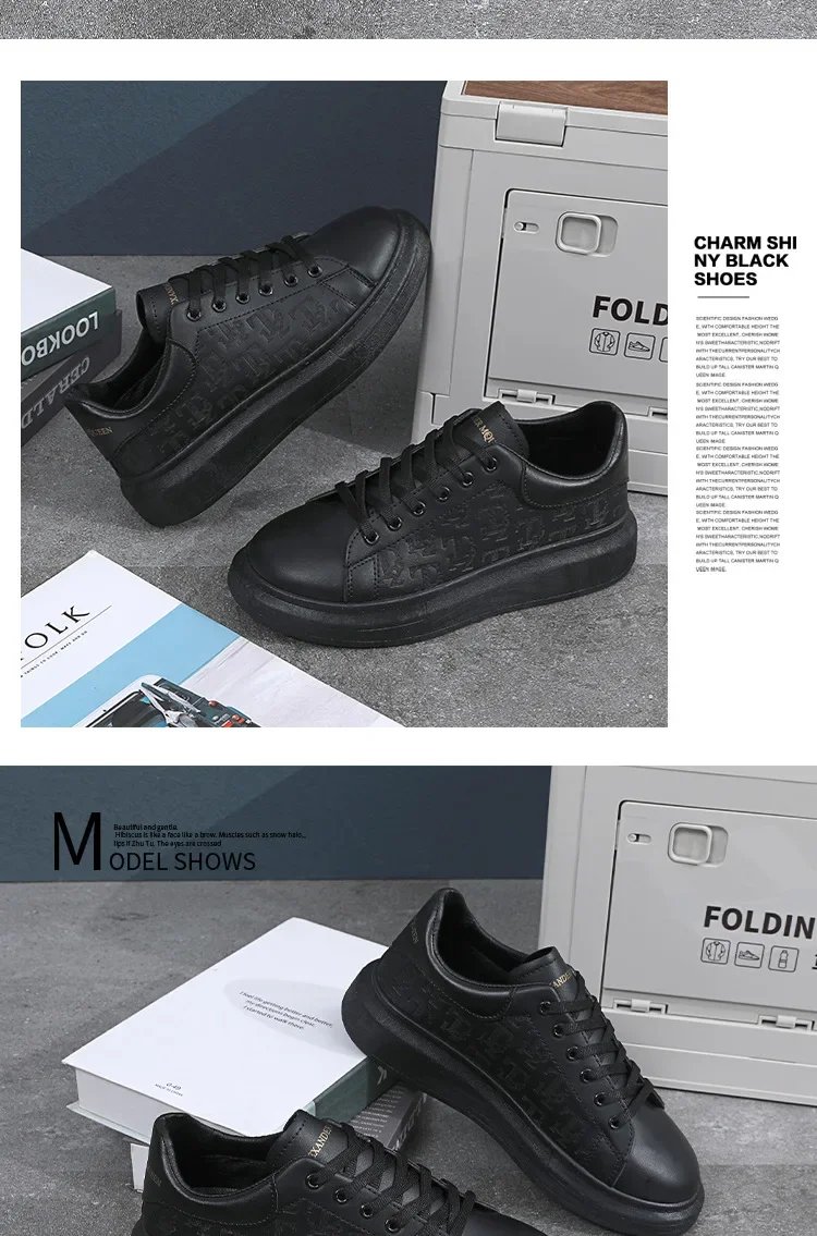 Men Small Black Shoes 2023 New Lace-up Thick Sole Casual Sneakers Versatile Leather Muffin Shoes Elevated Male Board Footwear
