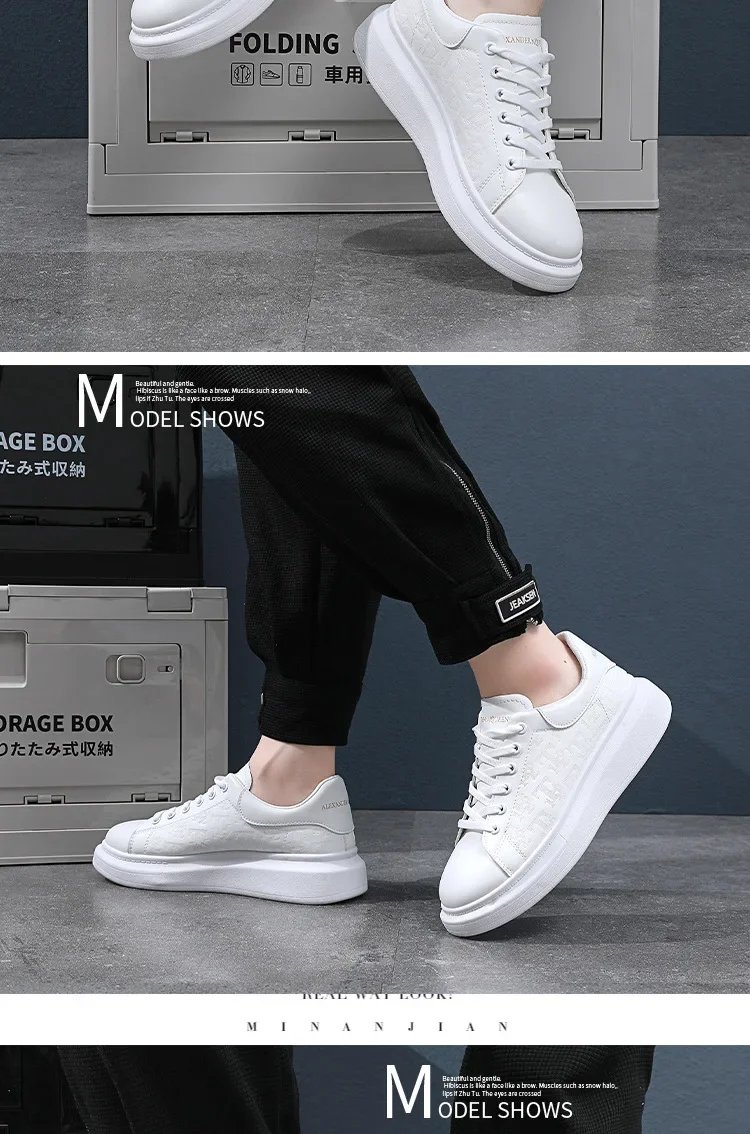 Men Small Black Shoes 2023 New Lace-up Thick Sole Casual Sneakers Versatile Leather Muffin Shoes Elevated Male Board Footwear