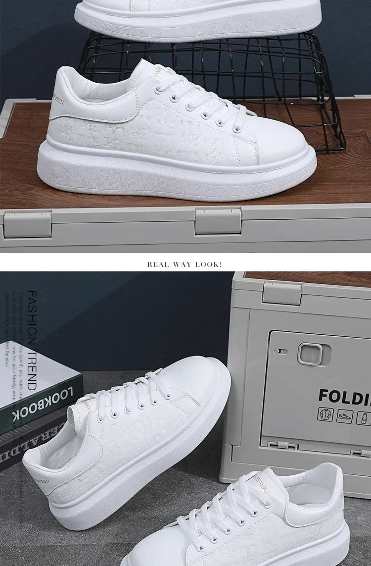 Men Small Black Shoes 2023 New Lace-up Thick Sole Casual Sneakers Versatile Leather Muffin Shoes Elevated Male Board Footwear