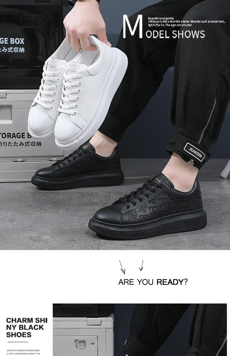 Men Small Black Shoes 2023 New Lace-up Thick Sole Casual Sneakers Versatile Leather Muffin Shoes Elevated Male Board Footwear
