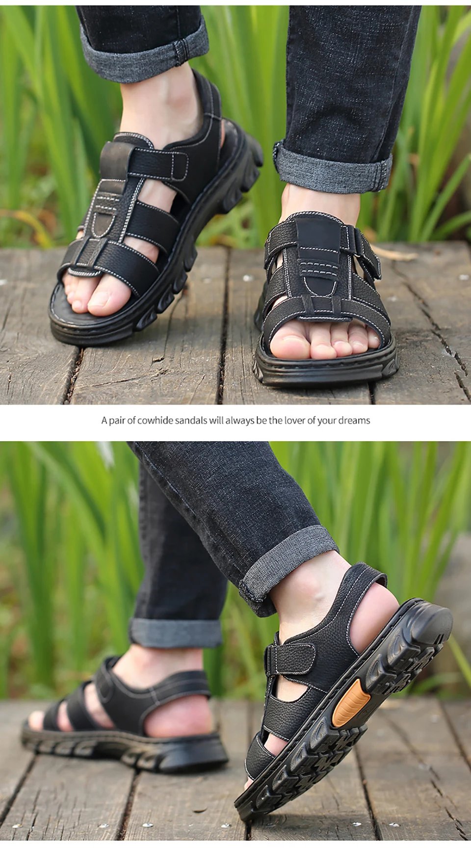 Loveontop Sandals Men's New Beach Shoes Cowhide Slippers Outdoor  Non-slip Thick-soled Leather Sandals for Me