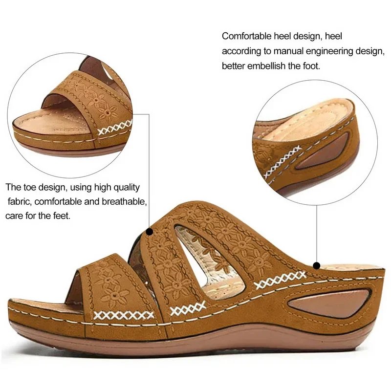 2024 Summer Women Wedge Sandals Premium Orthopedic Open Toe Sandals Vintage Anti-slip Leather Casual Female Platform Retro Shoes