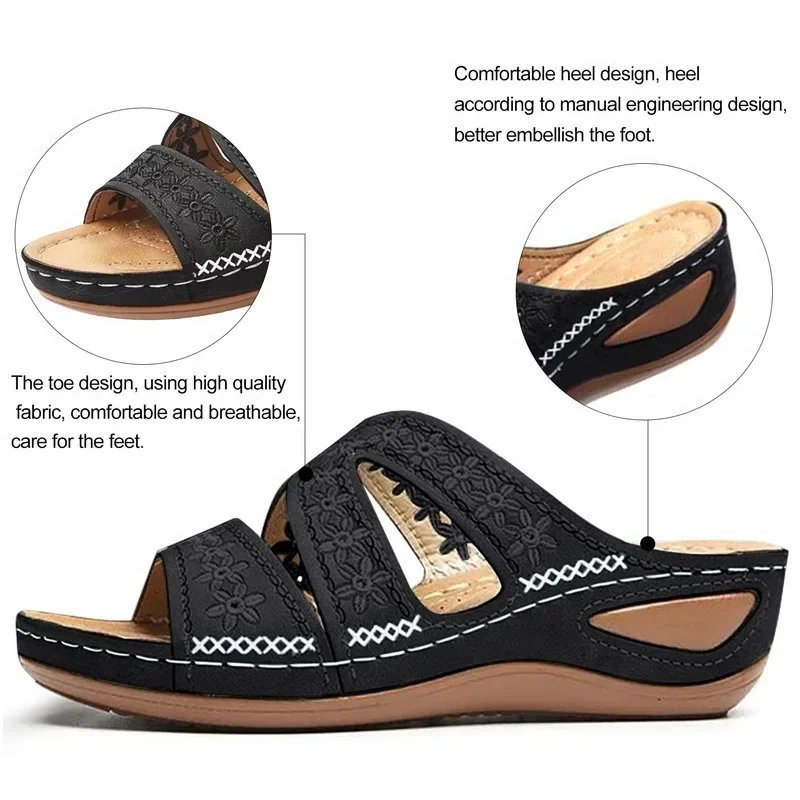 2024 Summer Women Wedge Sandals Premium Orthopedic Open Toe Sandals Vintage Anti-slip Leather Casual Female Platform Retro Shoes