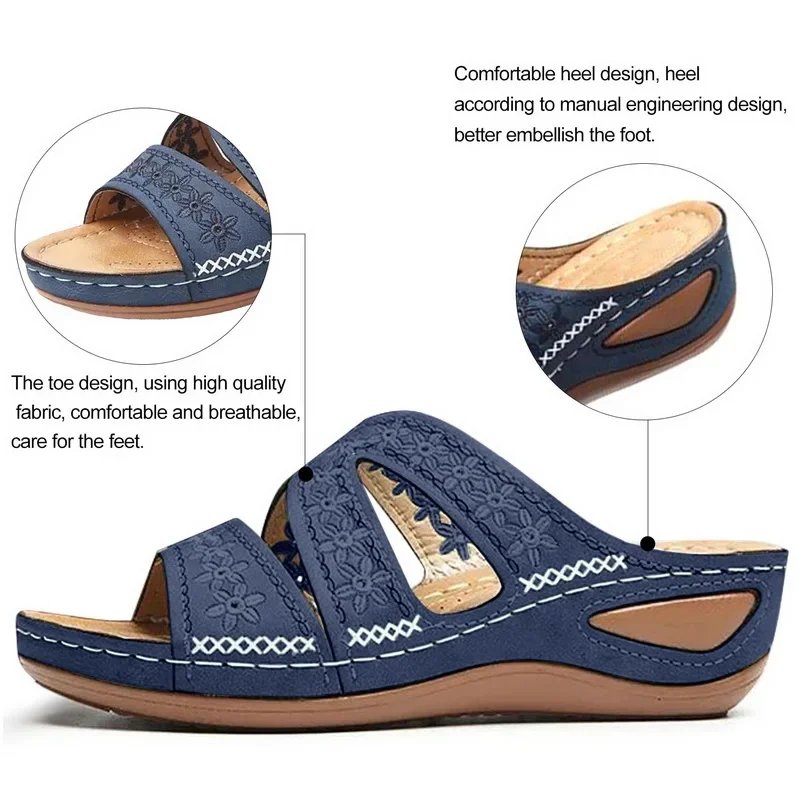 2024 Summer Women Wedge Sandals Premium Orthopedic Open Toe Sandals Vintage Anti-slip Leather Casual Female Platform Retro Shoes
