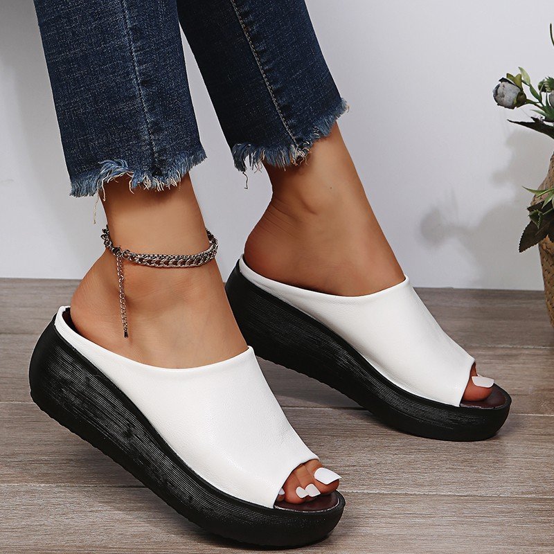 Women Summer 2023 New Ethnic Style Wedge with Fish Mouth One Word Drag Cake Thick Bottom Women's Shoes Large Size