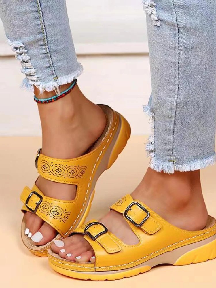 Women Closed Toe Summer Shoes 2022 New Comfort Double Buckle Wedge Ladies Sandals Plus Size Platform Casual Slippers Women