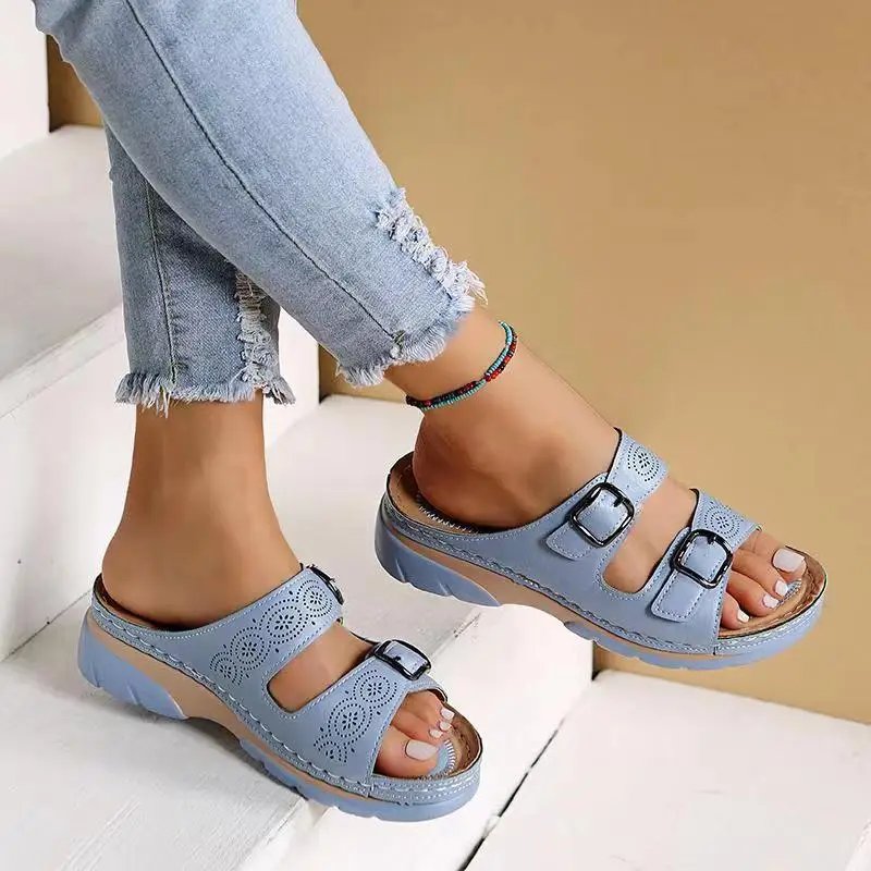 Women Closed Toe Summer Shoes 2022 New Comfort Double Buckle Wedge Ladies Sandals Plus Size Platform Casual Slippers Women