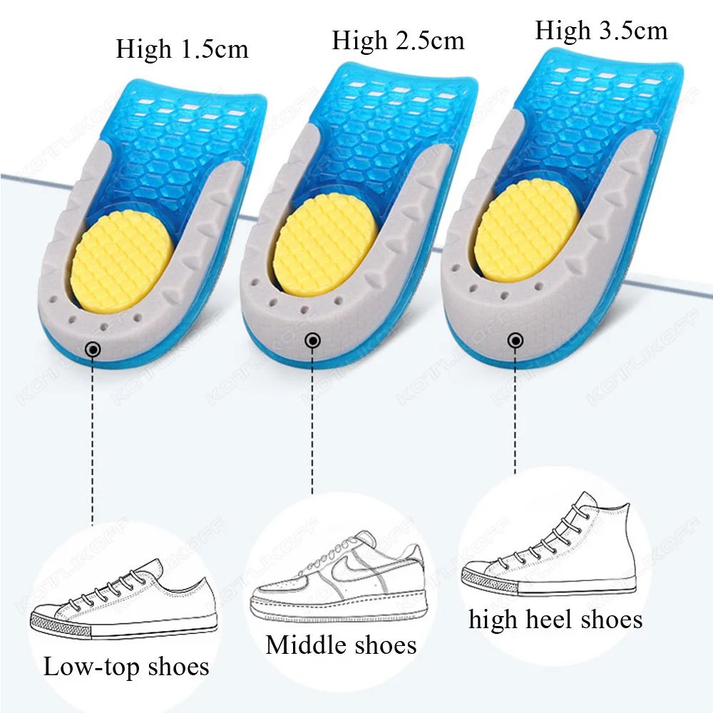 Silicone Gel Height Increase Insole Heel Lifting Inserts Shoe Foot Care Protector Elastic Pain Absorption Cushion Hidden Insoles