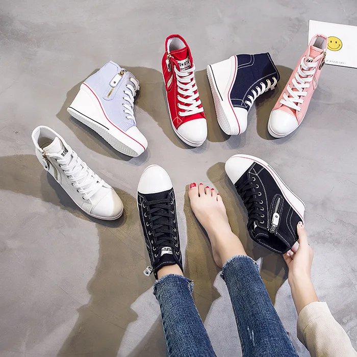 Women Hidden Wedge Invisible Heel Canvas Shoes Female Wedge Side Zipper Increased Casual High  Breathable Platform Sneakers