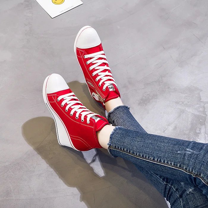 Women Hidden Wedge Invisible Heel Canvas Shoes Female Wedge Side Zipper Increased Casual High  Breathable Platform Sneakers