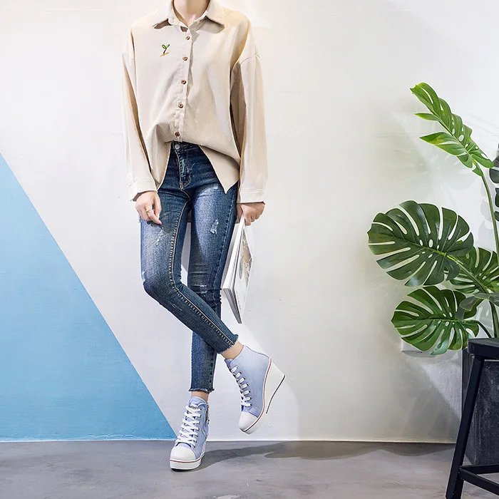 Women Hidden Wedge Invisible Heel Canvas Shoes Female Wedge Side Zipper Increased Casual High  Breathable Platform Sneakers