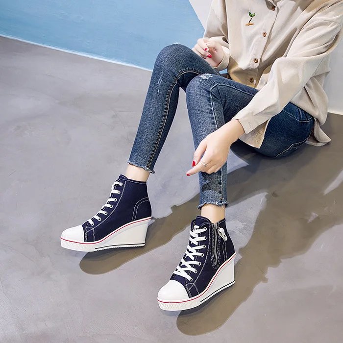 Women Hidden Wedge Invisible Heel Canvas Shoes Female Wedge Side Zipper Increased Casual High  Breathable Platform Sneakers