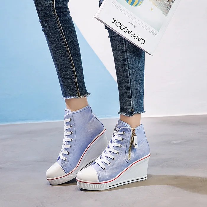 Women Hidden Wedge Invisible Heel Canvas Shoes Female Wedge Side Zipper Increased Casual High  Breathable Platform Sneakers