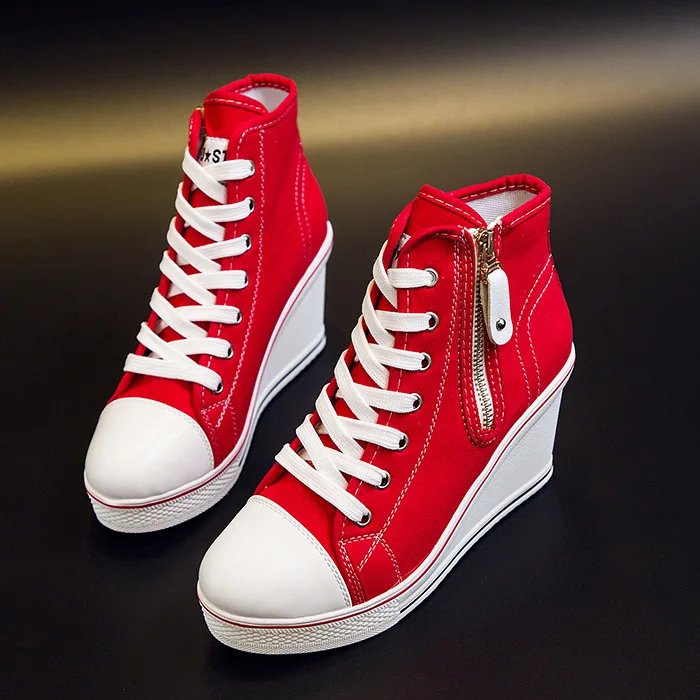 Women Hidden Wedge Invisible Heel Canvas Shoes Female Wedge Side Zipper Increased Casual High  Breathable Platform Sneakers