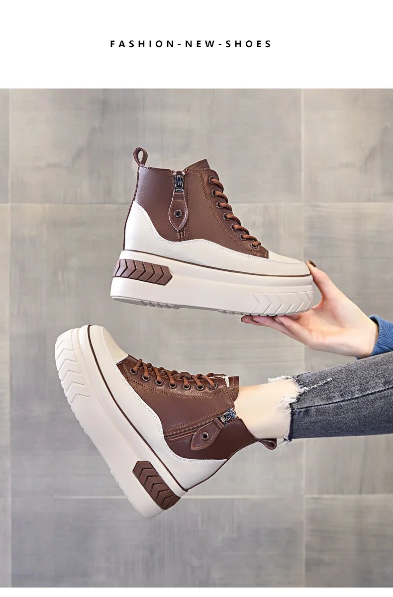 High Top Women Shoes Genuine leather 8cm Platform Boots Wedge Hidden Heel Zip Spring Autumn Warm Fur Winter Shoes Sneakers