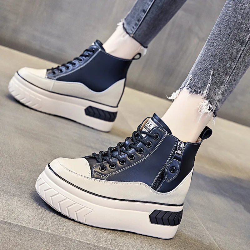 High Top Women Shoes Genuine leather 8cm Platform Boots Wedge Hidden Heel Zip Spring Autumn Warm Fur Winter Shoes Sneakers