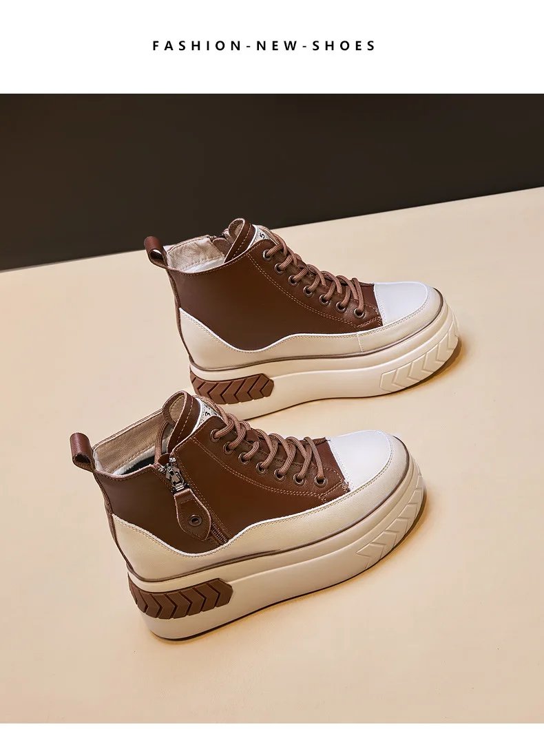 High Top Women Shoes Genuine leather 8cm Platform Boots Wedge Hidden Heel Zip Spring Autumn Warm Fur Winter Shoes Sneakers