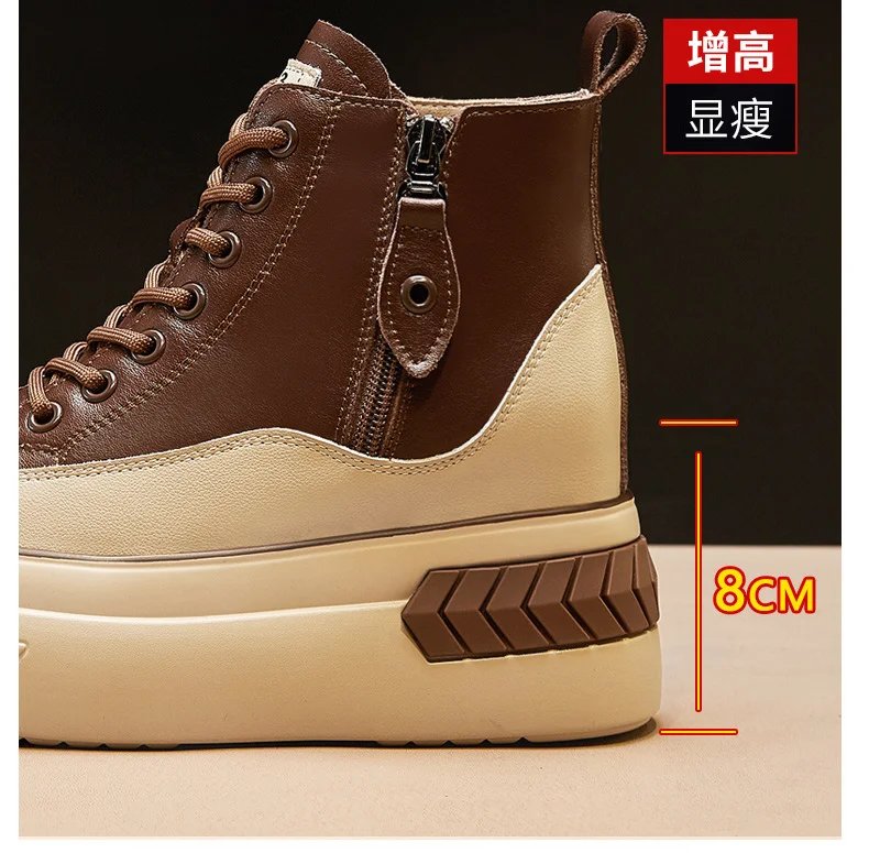 High Top Women Shoes Genuine leather 8cm Platform Boots Wedge Hidden Heel Zip Spring Autumn Warm Fur Winter Shoes Sneakers