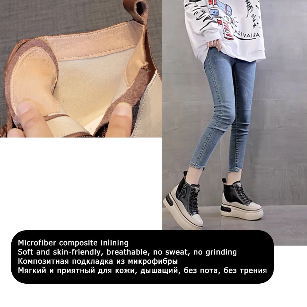 High Top Women Shoes Genuine leather 8cm Platform Boots Wedge Hidden Heel Zip Spring Autumn Warm Fur Winter Shoes Sneakers