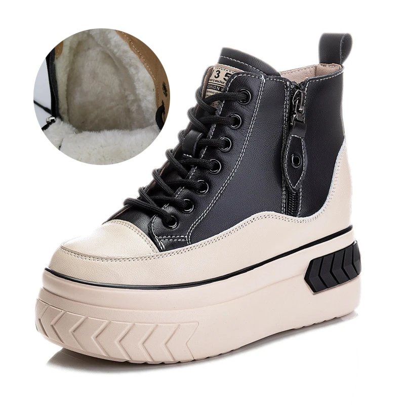 High Top Women Shoes Genuine leather 8cm Platform Boots Wedge Hidden Heel Zip Spring Autumn Warm Fur Winter Shoes Sneakers