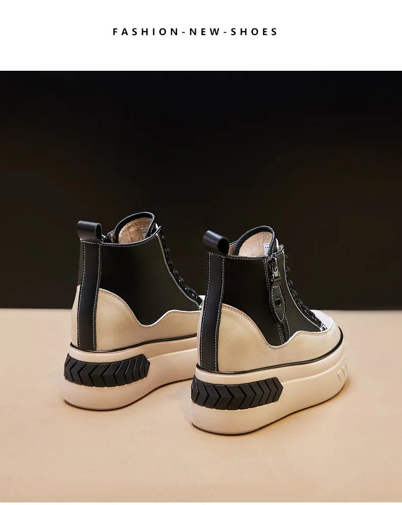 High Top Women Shoes Genuine leather 8cm Platform Boots Wedge Hidden Heel Zip Spring Autumn Warm Fur Winter Shoes Sneakers