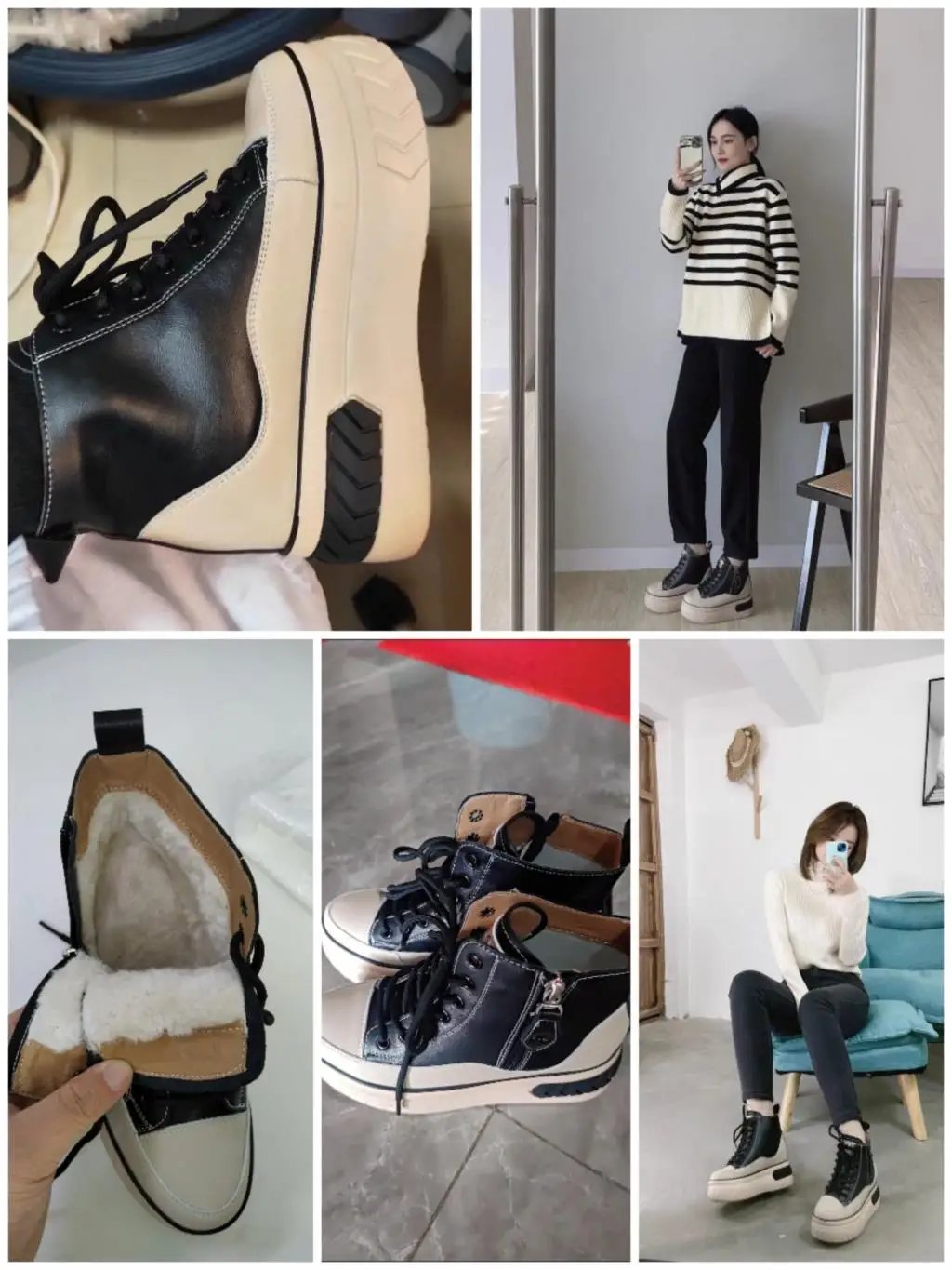 High Top Women Shoes Genuine leather 8cm Platform Boots Wedge Hidden Heel Zip Spring Autumn Warm Fur Winter Shoes Sneakers