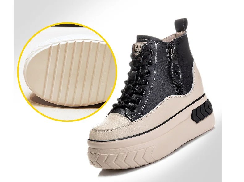 High Top Women Shoes Genuine leather 8cm Platform Boots Wedge Hidden Heel Zip Spring Autumn Warm Fur Winter Shoes Sneakers