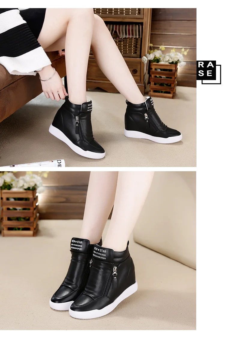 New High Top Women Sneakers Spring Autumn New Hidden Heel Casual Shoes Side Zip Women White Platform Wedge Rivet Shoes