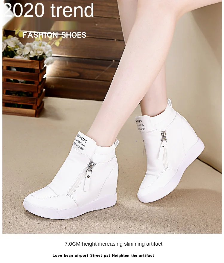 New High Top Women Sneakers Spring Autumn New Hidden Heel Casual Shoes Side Zip Women White Platform Wedge Rivet Shoes