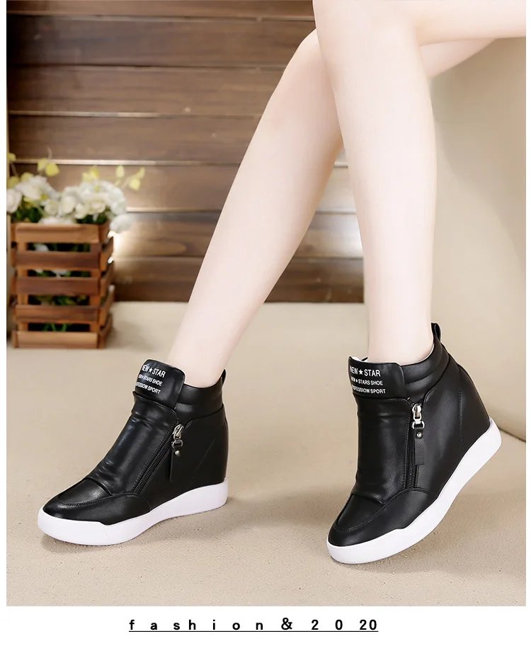 New High Top Women Sneakers Spring Autumn New Hidden Heel Casual Shoes Side Zip Women White Platform Wedge Rivet Shoes