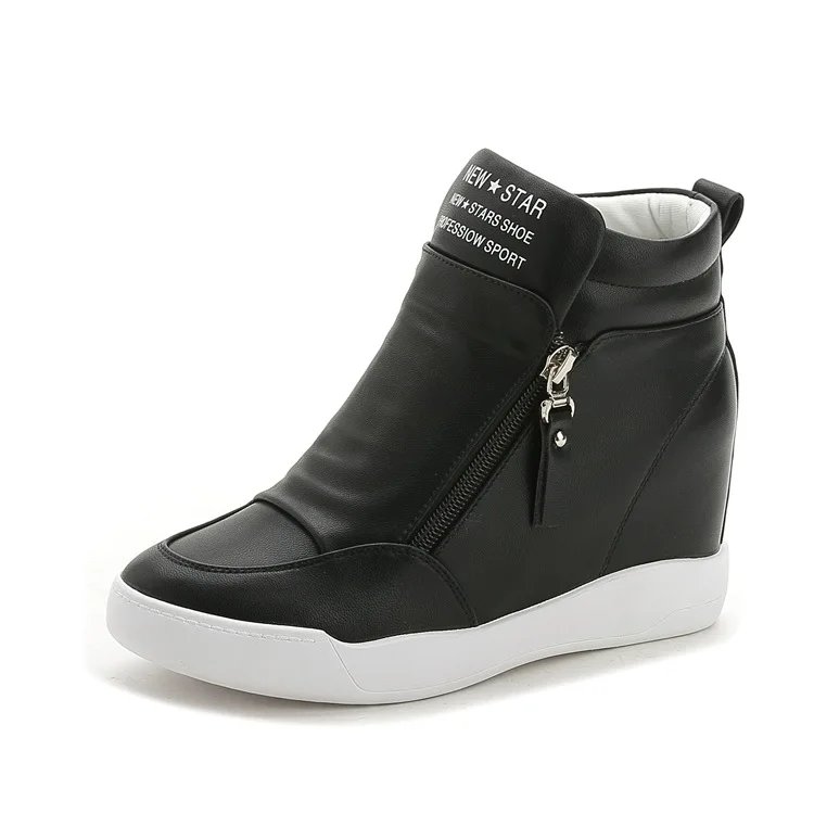 New High Top Women Sneakers Spring Autumn New Hidden Heel Casual Shoes Side Zip Women White Platform Wedge Rivet Shoes