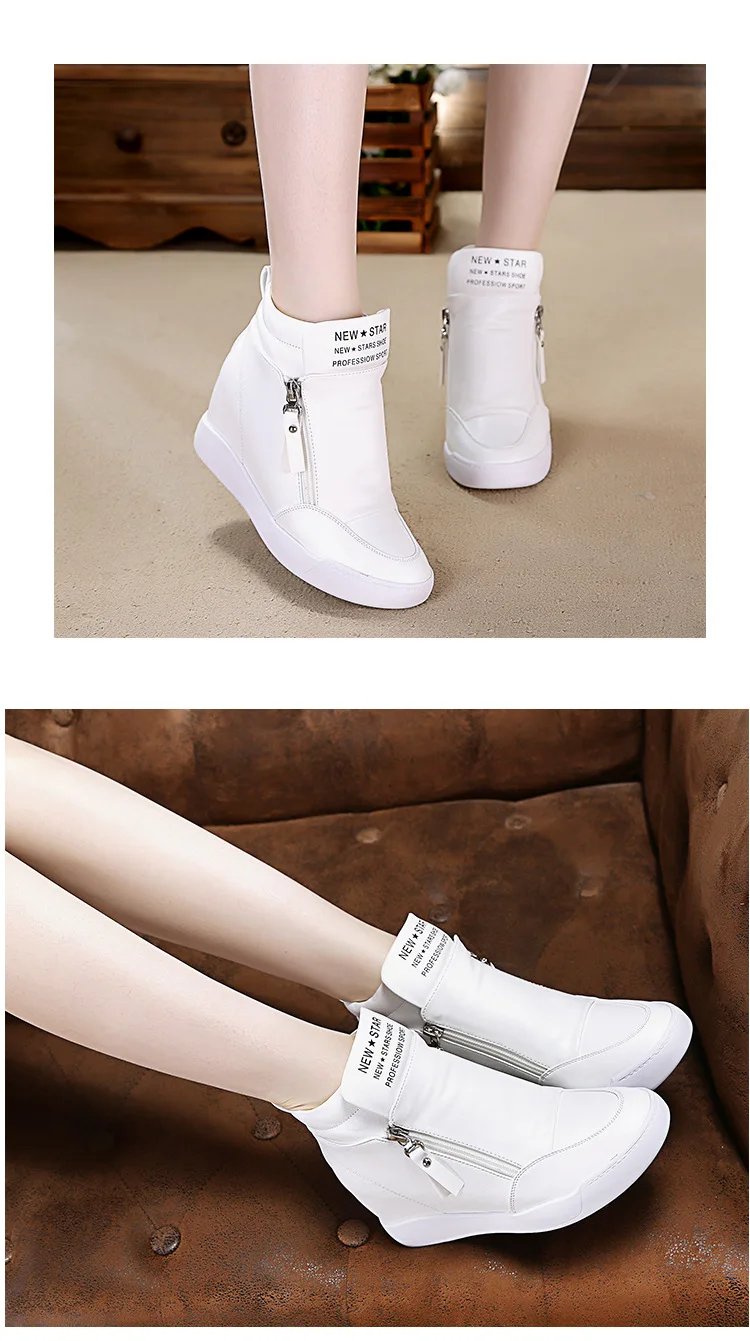 New High Top Women Sneakers Spring Autumn New Hidden Heel Casual Shoes Side Zip Women White Platform Wedge Rivet Shoes