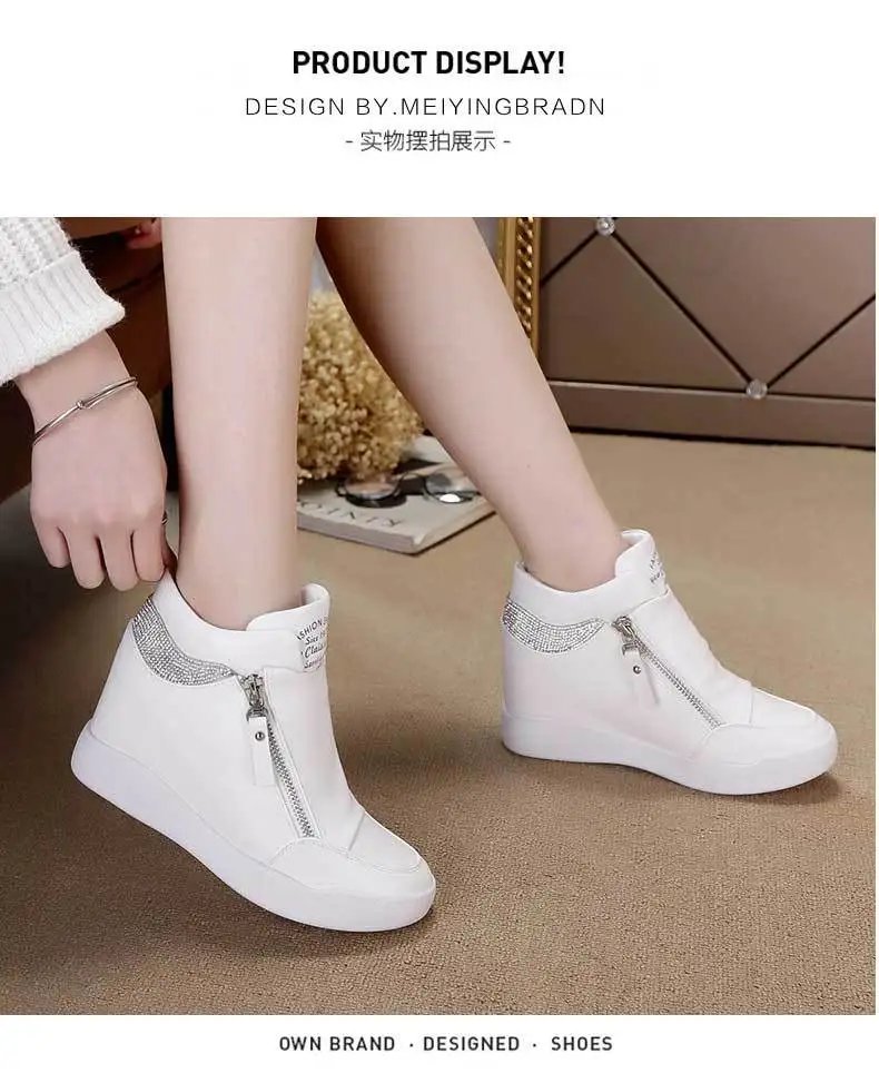 New High Top Women Sneakers Spring Autumn New Hidden Heel Casual Shoes Side Zip Women White Platform Wedge Rivet Shoes