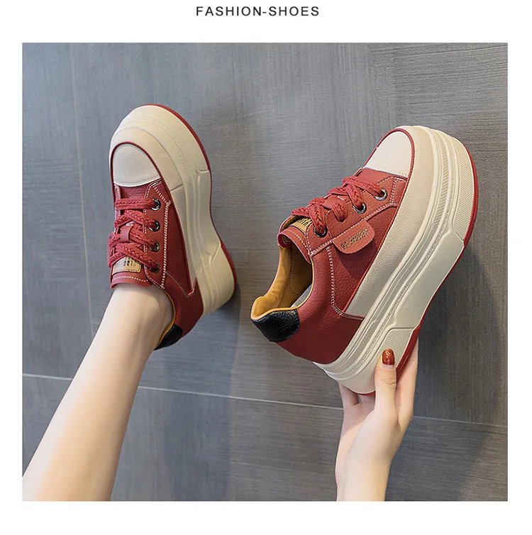 9cm Genuine Leather Platform Sneakers Wedge Shoes for Women Breathable Sneakers Autumn Casual Shoes Hidden Heel Zapatillas Mujer