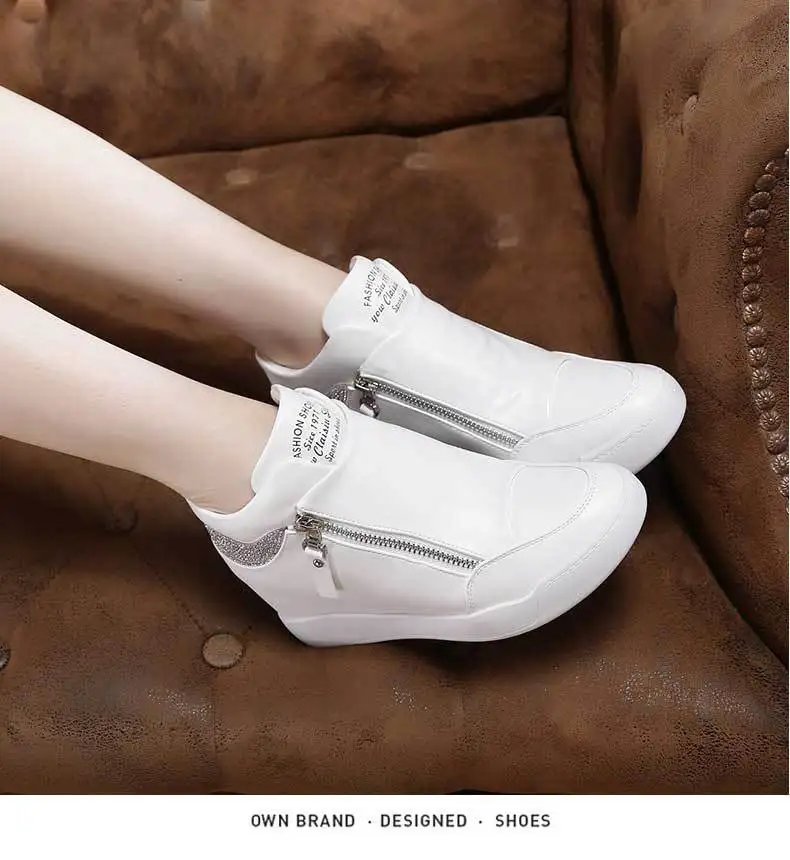 New High Top Women Sneakers Spring Autumn New Hidden Heel Casual Shoes Side Zip Women White Platform Wedge Rivet Shoes