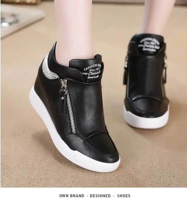 New High Top Women Sneakers Spring Autumn New Hidden Heel Casual Shoes Side Zip Women White Platform Wedge Rivet Shoes