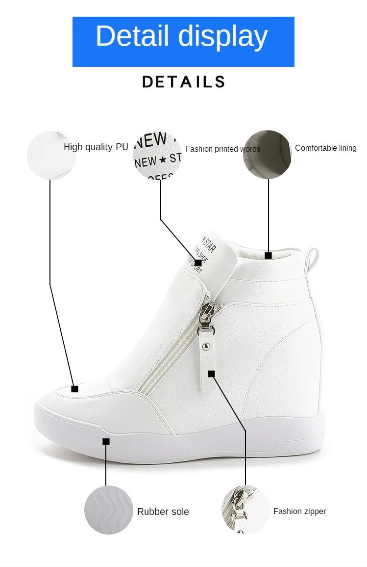New High Top Women Sneakers Spring Autumn New Hidden Heel Casual Shoes Side Zip Women White Platform Wedge Rivet Shoes