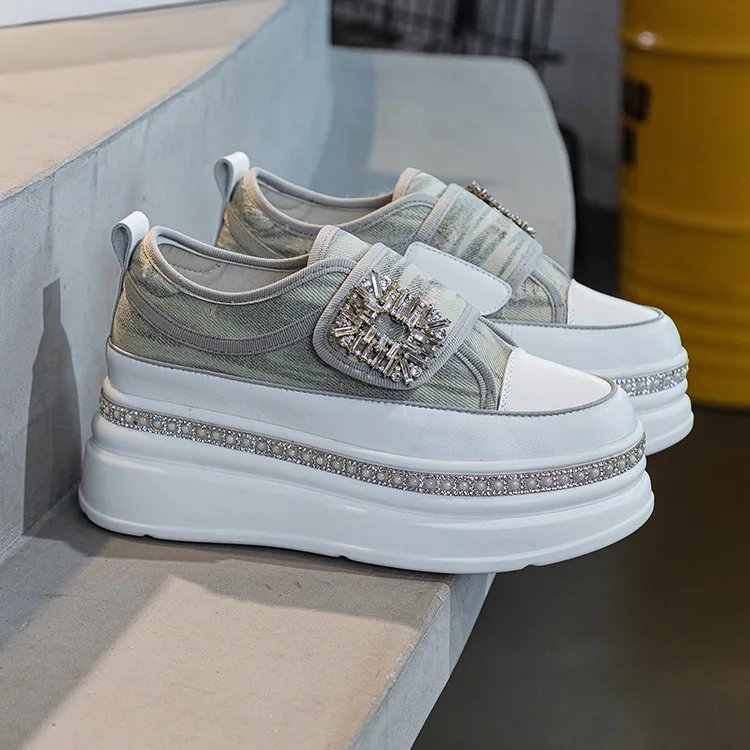 6cm Denim Platform Wedge Genuine Leather Casual Spring Summer Autumn Comfy High Brand Chunky Sneakers Hidden Heels Shoes