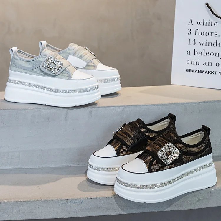 6cm Denim Platform Wedge Genuine Leather Casual Spring Summer Autumn Comfy High Brand Chunky Sneakers Hidden Heels Shoes