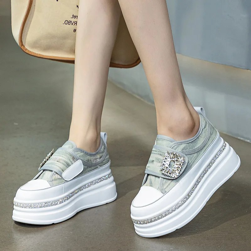 6cm Denim Platform Wedge Genuine Leather Casual Spring Summer Autumn Comfy High Brand Chunky Sneakers Hidden Heels Shoes