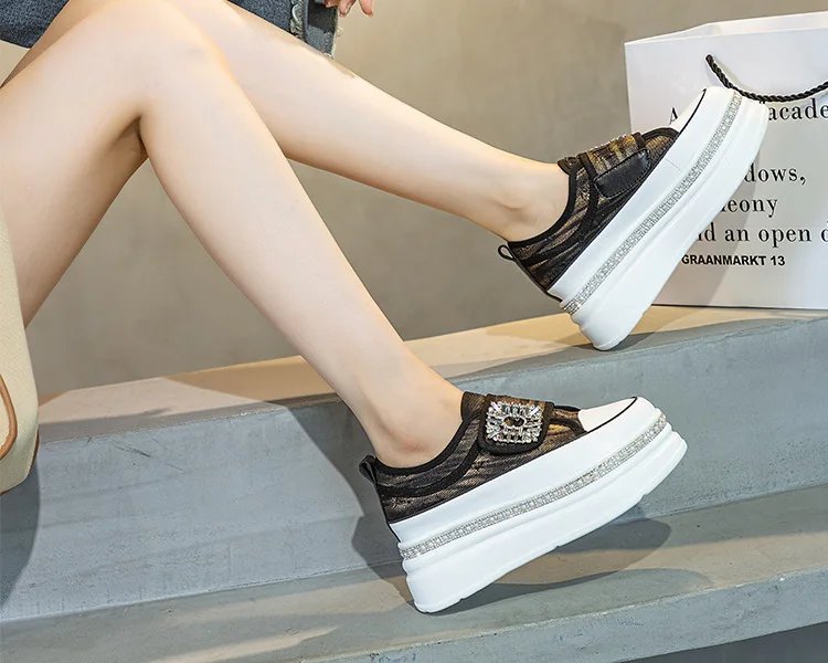 6cm Denim Platform Wedge Genuine Leather Casual Spring Summer Autumn Comfy High Brand Chunky Sneakers Hidden Heels Shoes