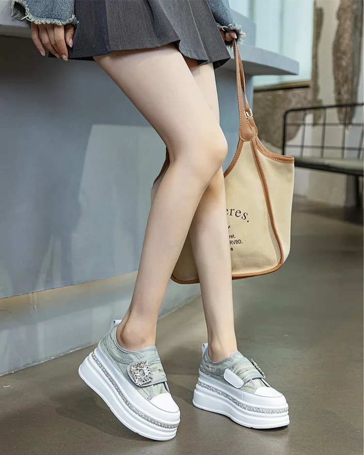 6cm Denim Platform Wedge Genuine Leather Casual Spring Summer Autumn Comfy High Brand Chunky Sneakers Hidden Heels Shoes