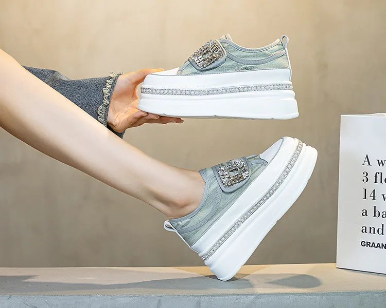 6cm Denim Platform Wedge Genuine Leather Casual Spring Summer Autumn Comfy High Brand Chunky Sneakers Hidden Heels Shoes