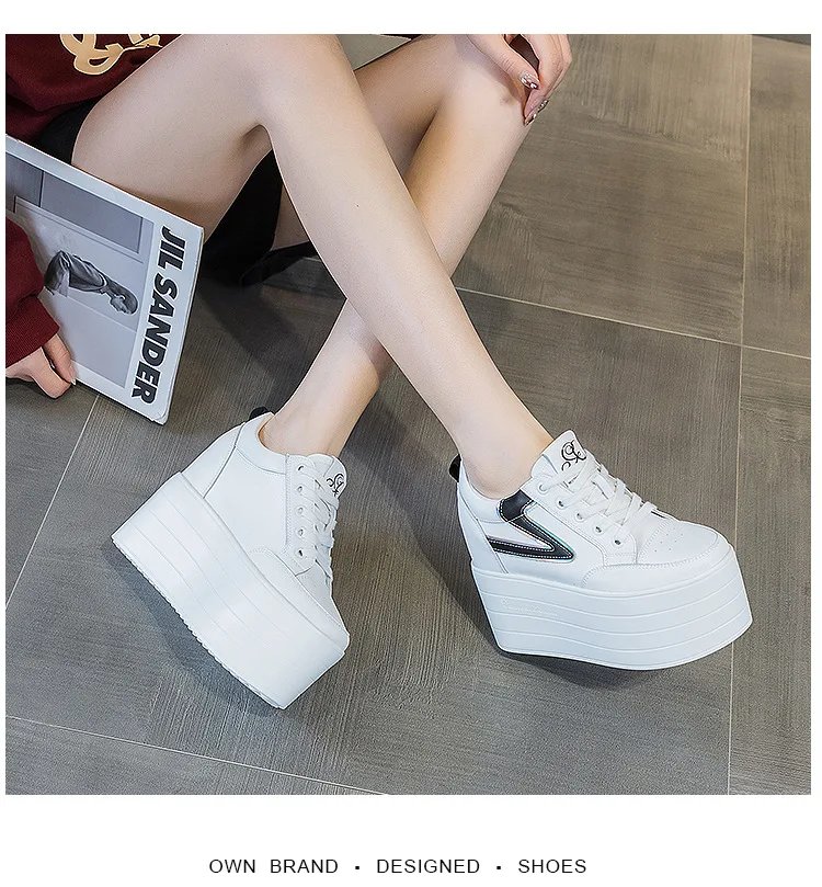 12cm Genuine Leather Platform Wedge Chunky Sneaker Hidden Heels Casual Breathable Spring Autumn High Brand Vulcanize Shoes