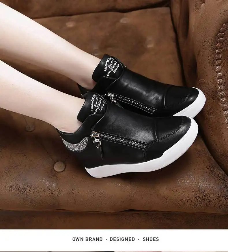 2024 New High Top Women Sneakers Autumn Winter Hidden Heel Casual Shoes Side Zip Women White Platform Wedge Rivet Shoes