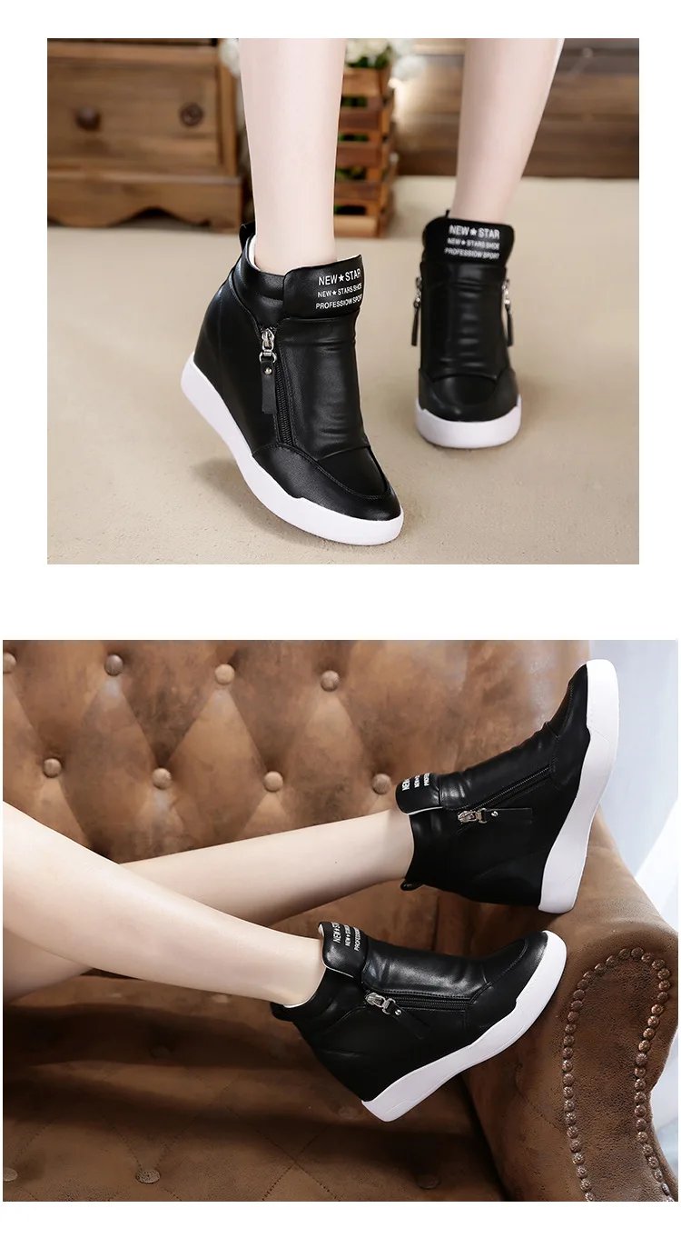 2024 New High Top Women Sneakers Autumn Winter Hidden Heel Casual Shoes Side Zip Women White Platform Wedge Rivet Shoes