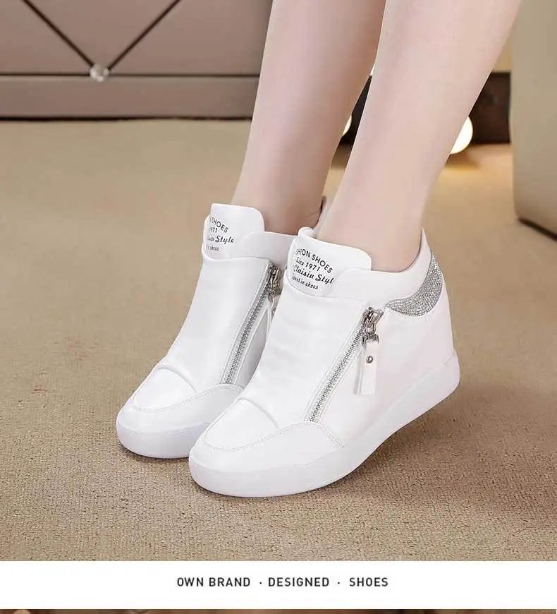 2024 New High Top Women Sneakers Autumn Winter Hidden Heel Casual Shoes Side Zip Women White Platform Wedge Rivet Shoes