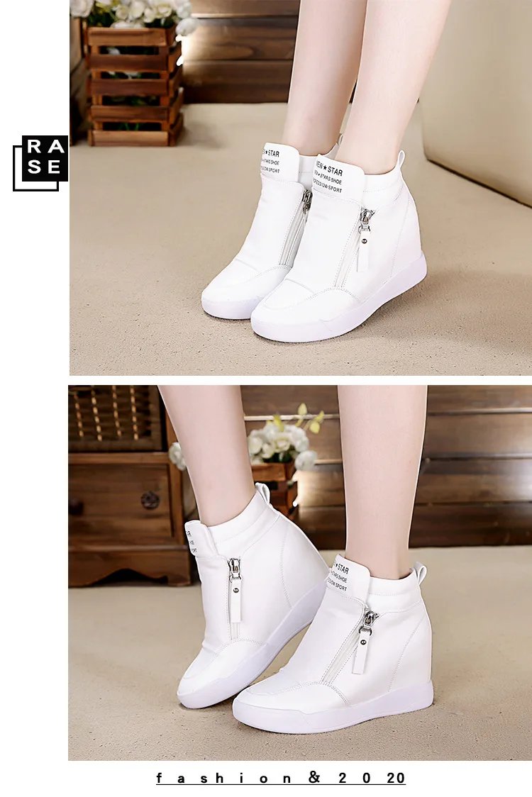 2024 New High Top Women Sneakers Autumn Winter Hidden Heel Casual Shoes Side Zip Women White Platform Wedge Rivet Shoes